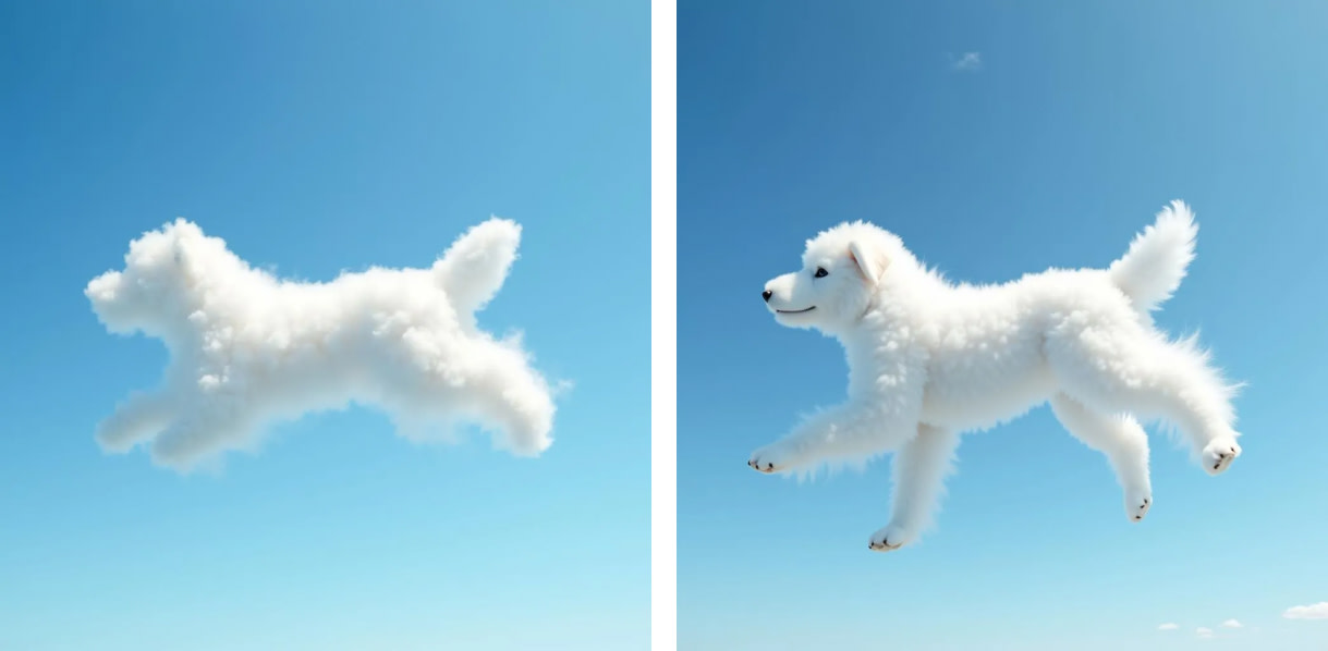 A cloud that looks like a dog on the left, a cloud that looks like a more realistic dog on the right