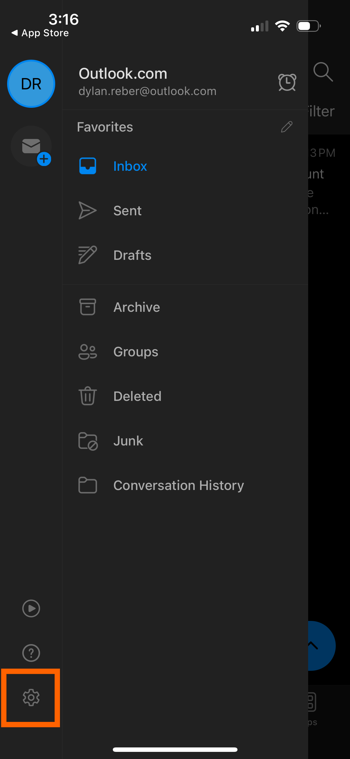 Screenshot of where to find the settings menu in the Outlook app