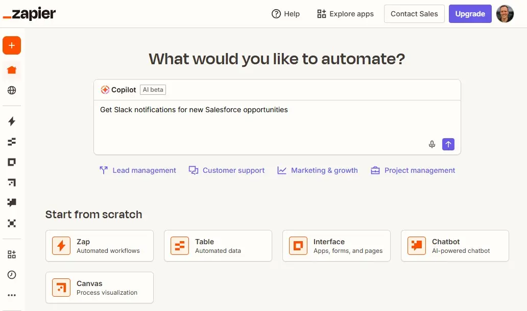 The Zapier home dashboard