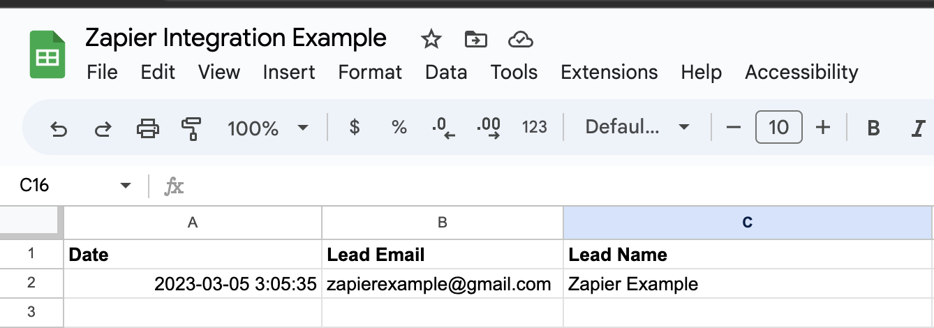 A Google Sheets spreadsheet with lead data added from Mailchimp in one of the spreadsheet rows.