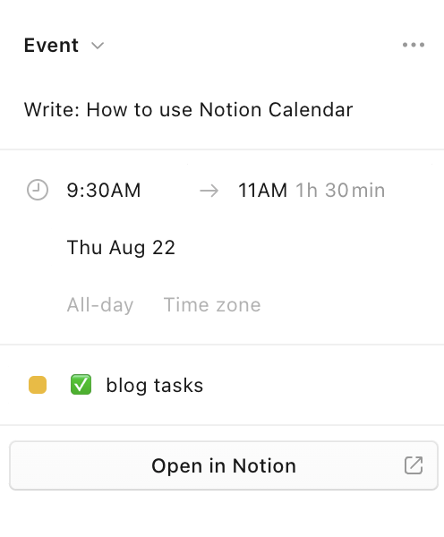 View of an event in Notion Calendar