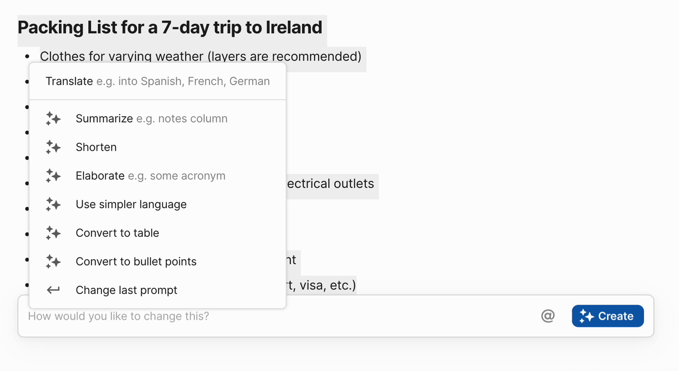 Bulleted packing list for a 7-day trip to Ireland converted to a checklist using Coda AI. 