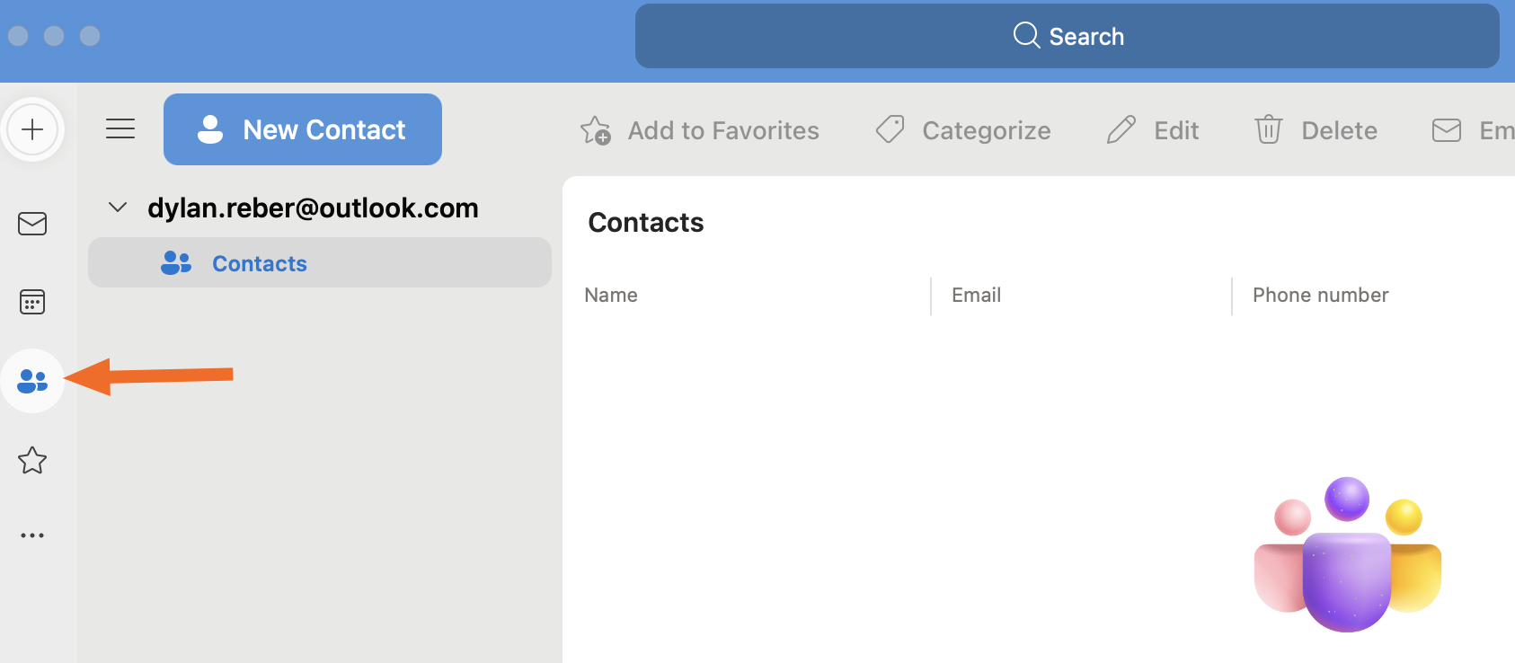 Screenshot showing the contact button in Outlook.