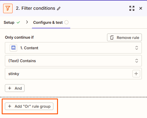 An orange box is shown around the "Add 'Or' rule group" button in a Filter step.