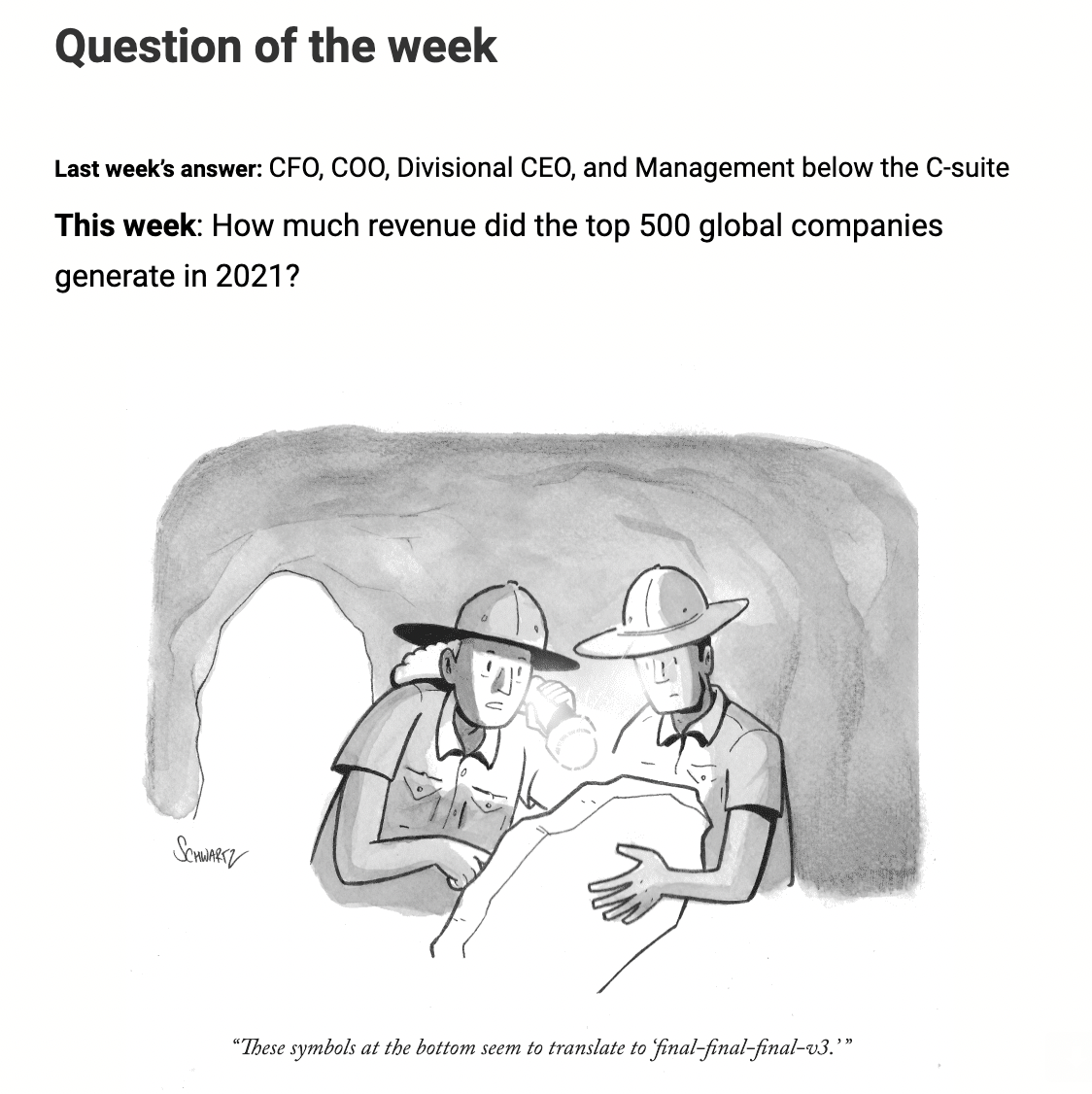 monday.com's weekly email question and cartoon