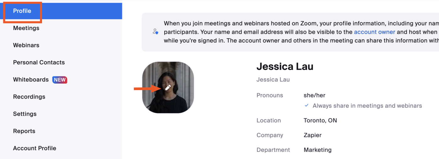 Jessica Lau's profile page on her Zoom web portal. An arrow points to a pencil icon in the middle of her profile picture.