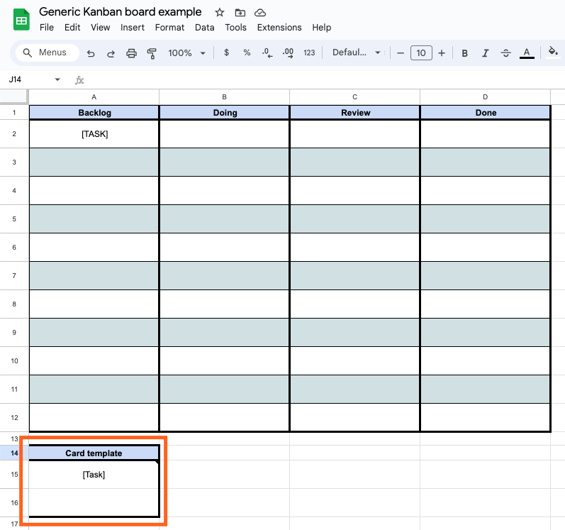 Screenshot of Google Sheets document titled Generic Kanban board example with a highlighted orange box around a task card template box below the board.