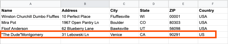 A screenshot of a spreadsheet showing an address line added for the same information that we saw in our test.