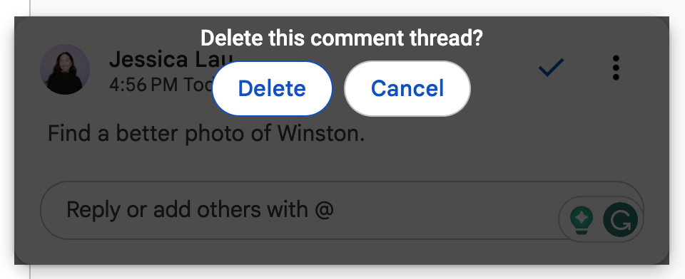 Option to delete a comment thread in a Google Docs document.