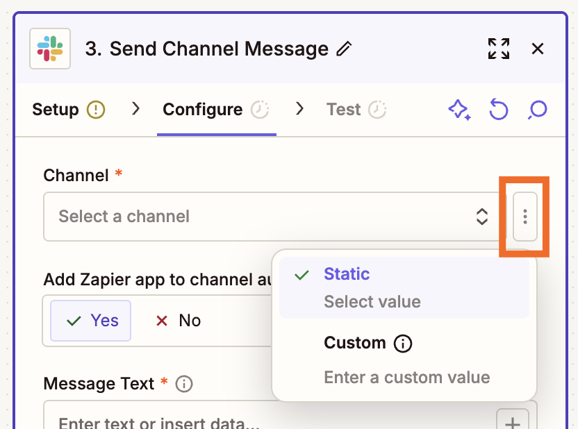Slack Send Channel Message setup in Zapier showing channel field with Static and Custom value options