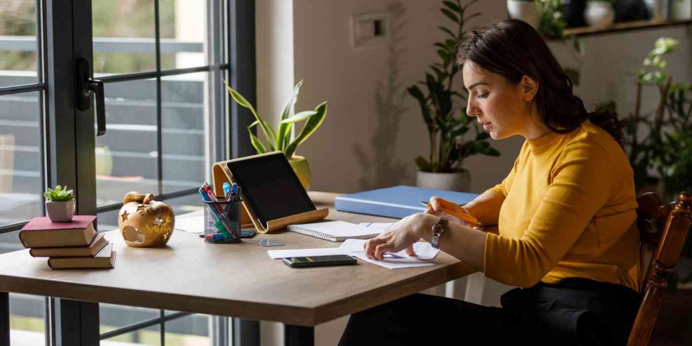 Hero image of a person sitting at a desk with a pencil