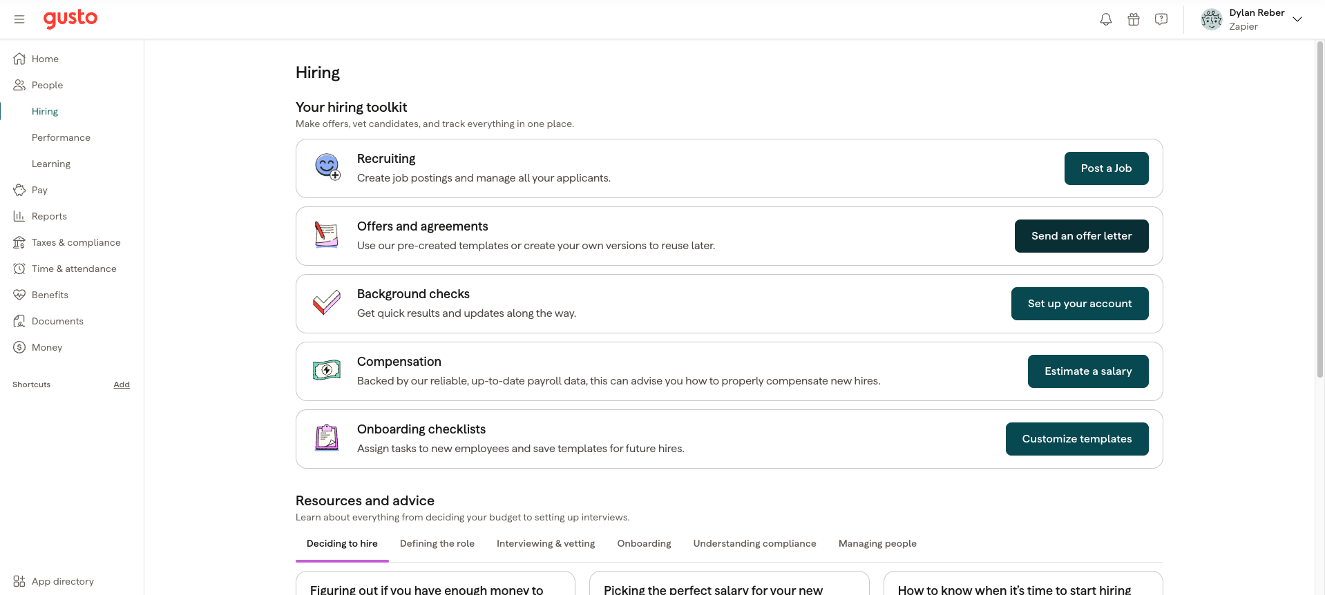 Screenshot of the Gusto interface