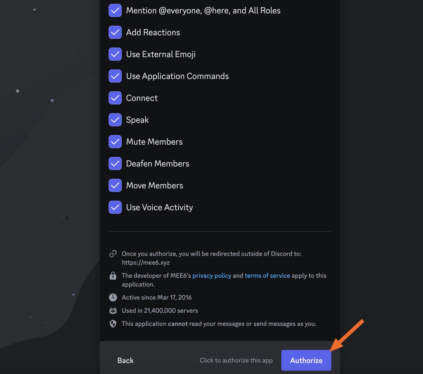 Image showing how to authorize bot permissions 