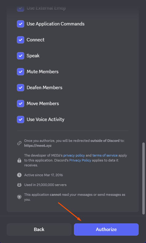 Image showing how to authorize bot permissions 