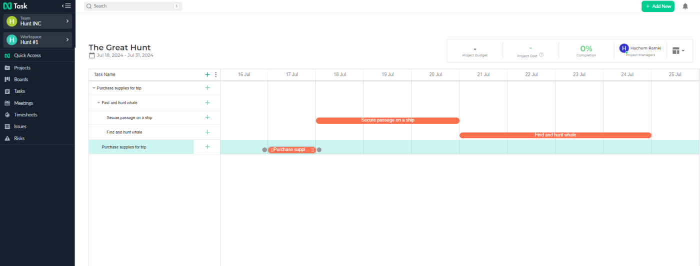 Screenshot displaying nTask’s Gantt functionality