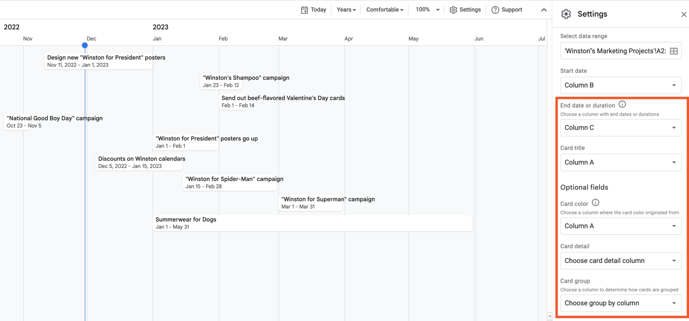 The settings in Timeline View in Google Sheets