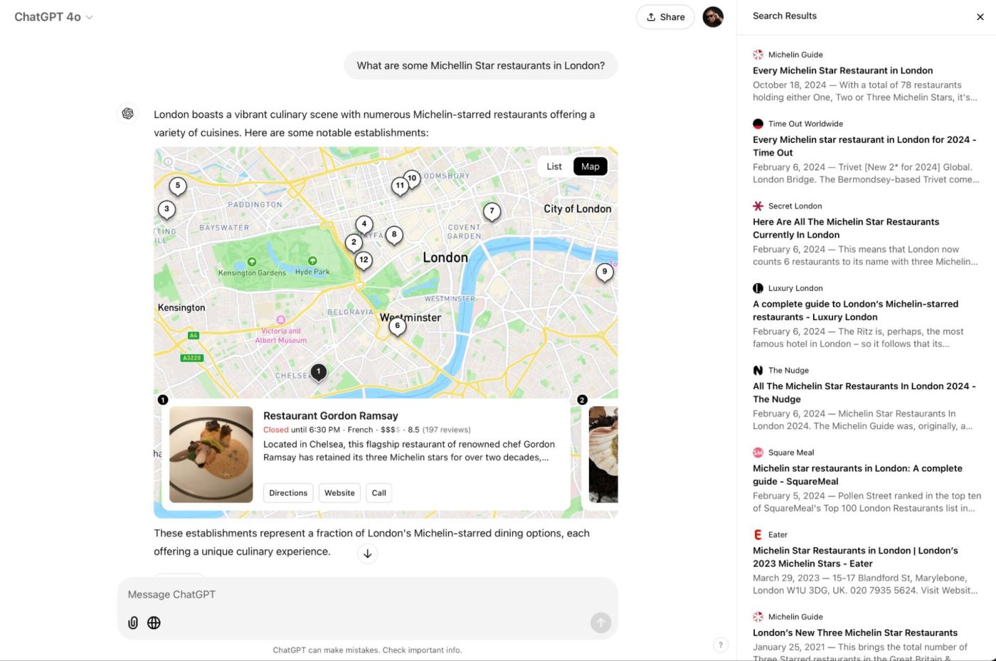 ChatGPT search showing local restaurants on a map