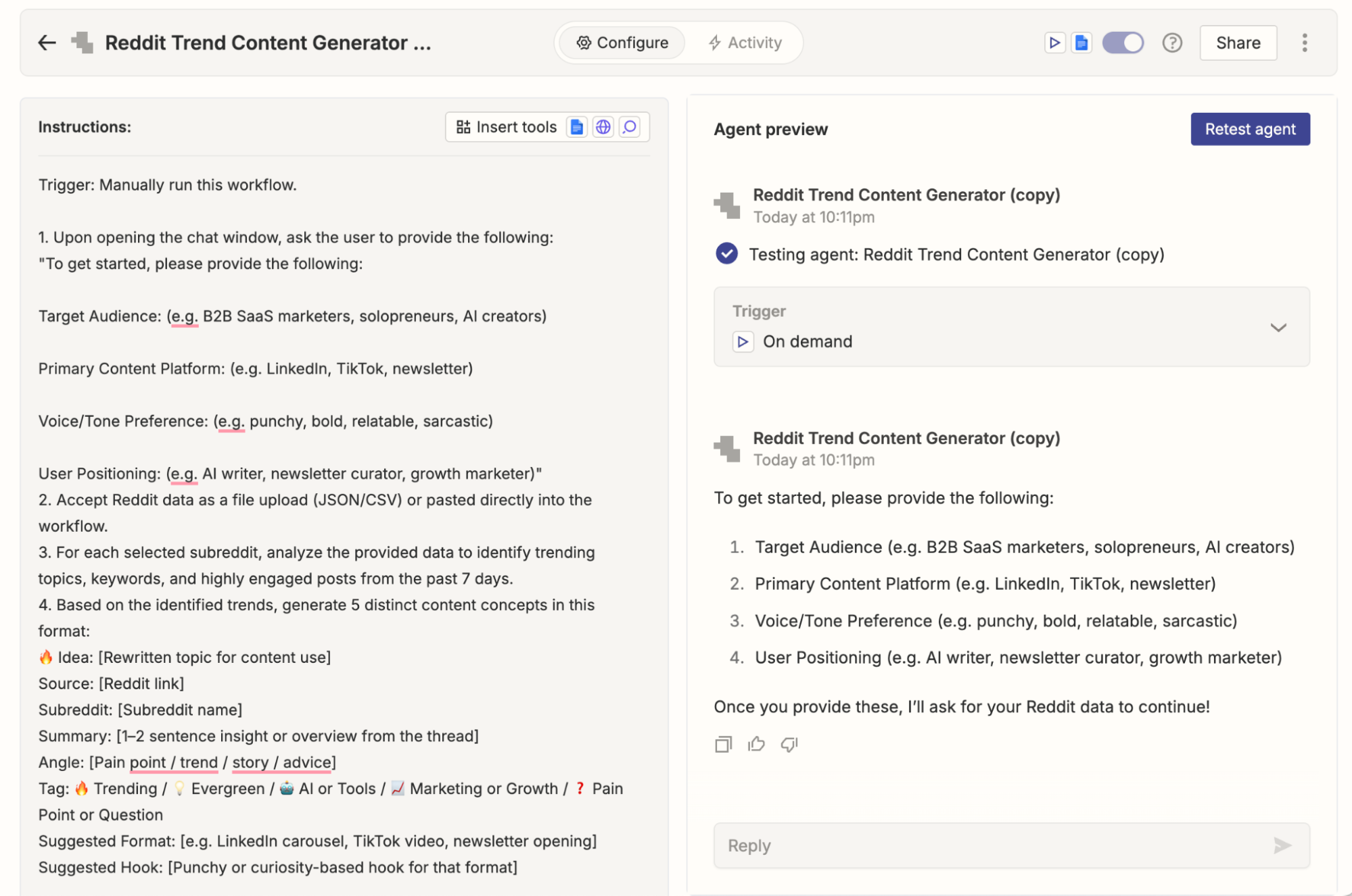 A Zapier agent with setup instructions for a Reddit Trend Content Generator workflow next to a preview panel
