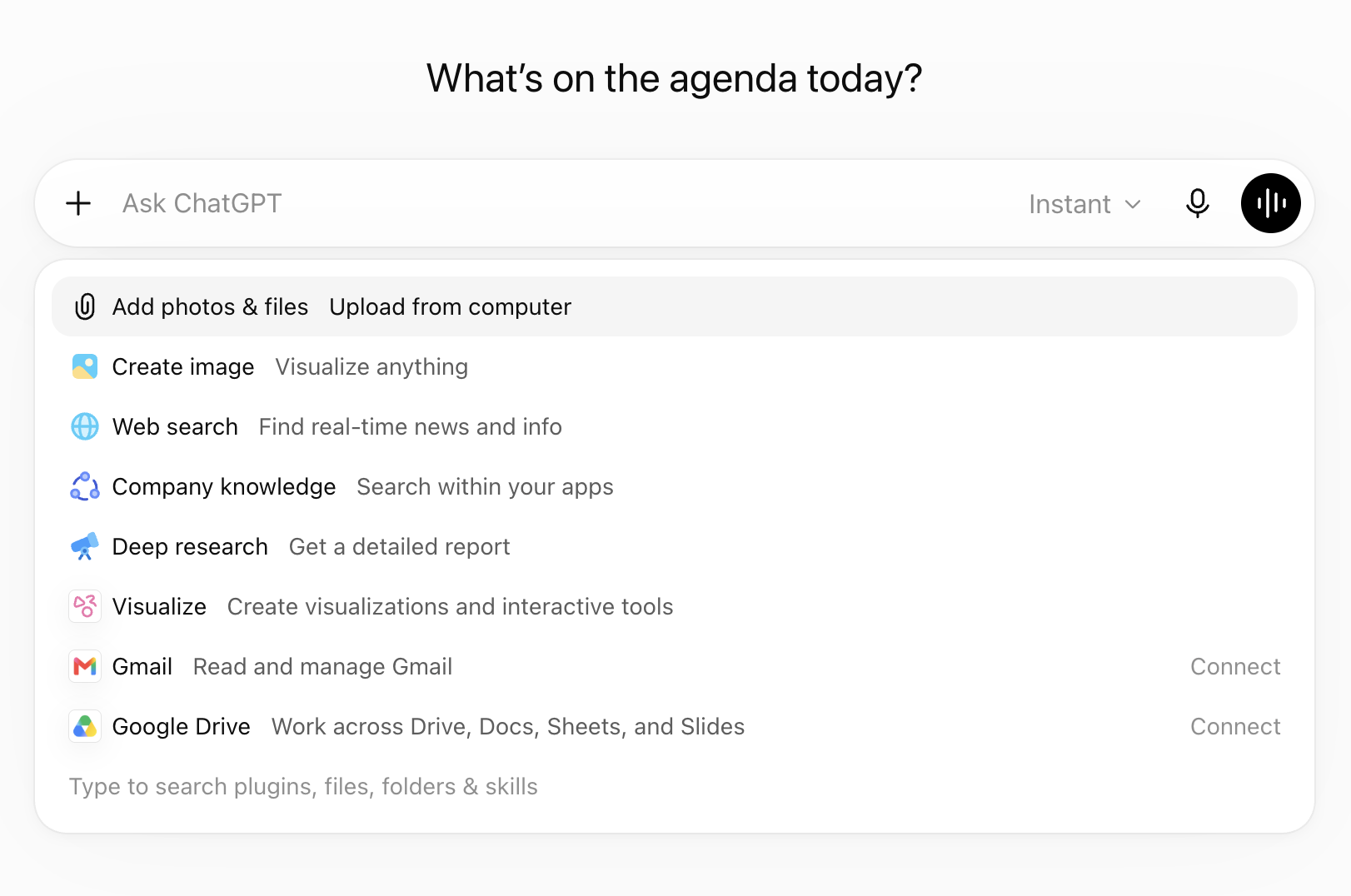 Expanded view of the add files and more menu in the message bar of a ChatGPT conversation.