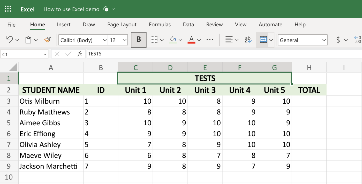 Updated student grade sheet with text in merged cells in Excel.