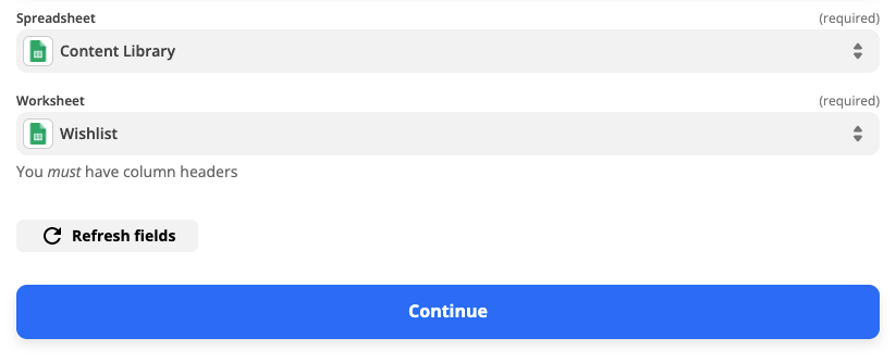 Spreadsheet and Worksheet fields with specific Google Sheets spreadsheets and worksheets selected in the dropdown menus.