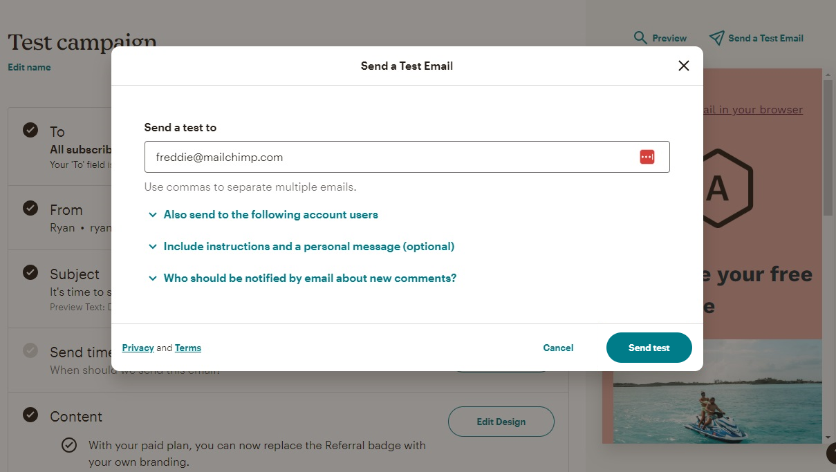 The Send test button in Mailchimp