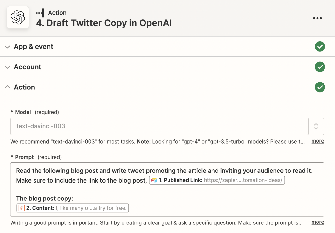 Screenshot of the setup for another OpenAI action step in Zapier.