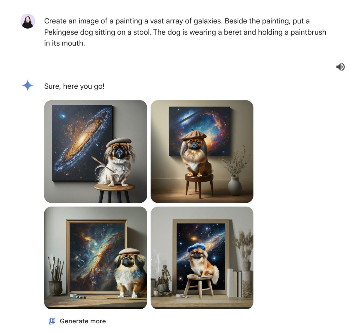 Gemini conversation with four AI-generated images of a Pekingese dog wearing a beret, sitting on a stool beside a painting of galaxies.