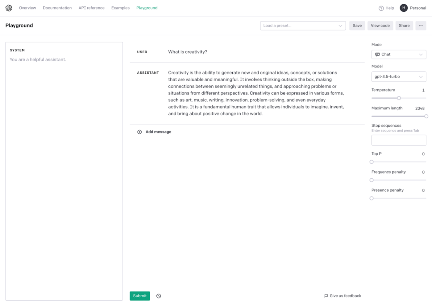 The OpenAI playground with the Top P is set to 0