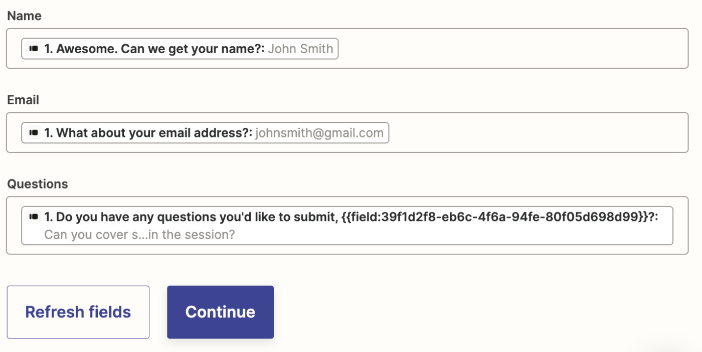 Google Sheet fields in the Zap editor with Typeform form response data added to each field.