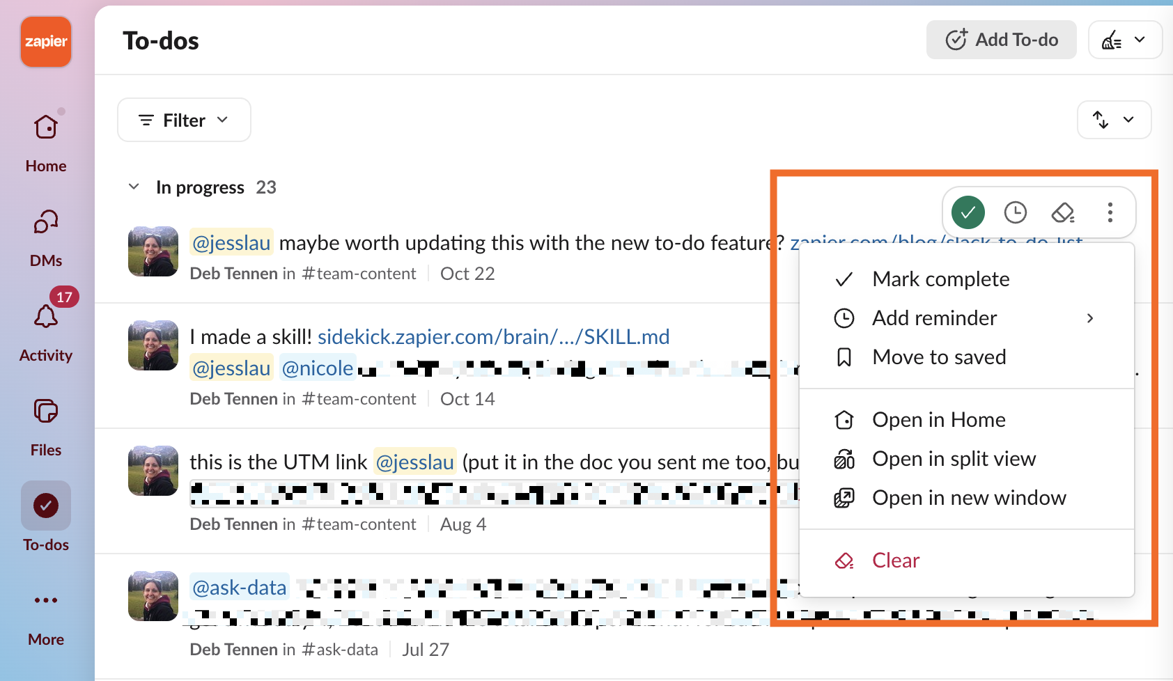 Slack to-do list with an expanded view of item actions.