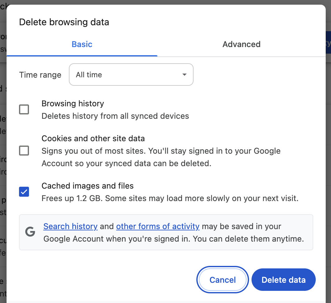 Clear browsing data popup in Google Chrome. 