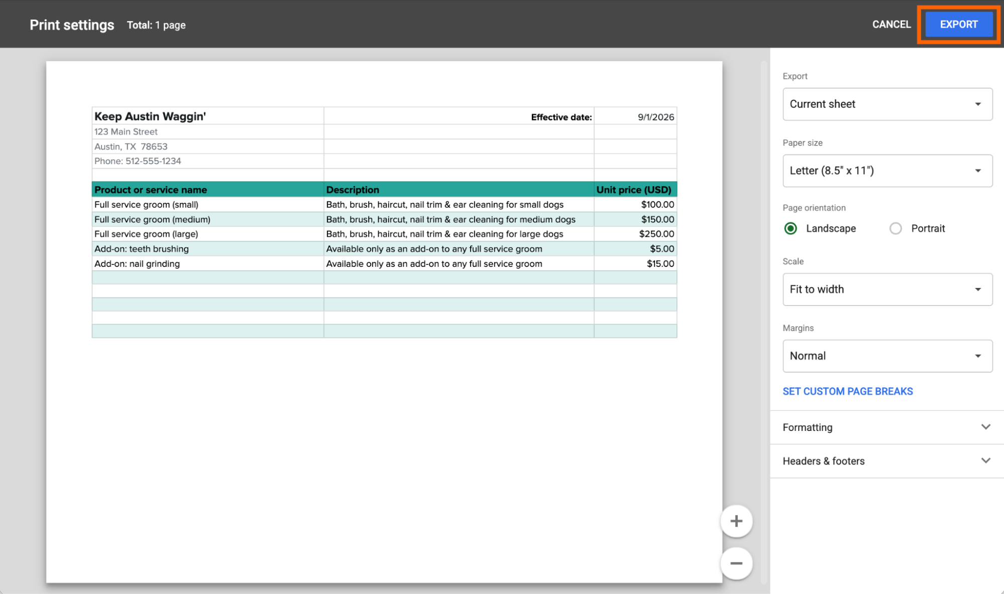 Print preview of a Google Sheets price list template with the option to export highlighted.