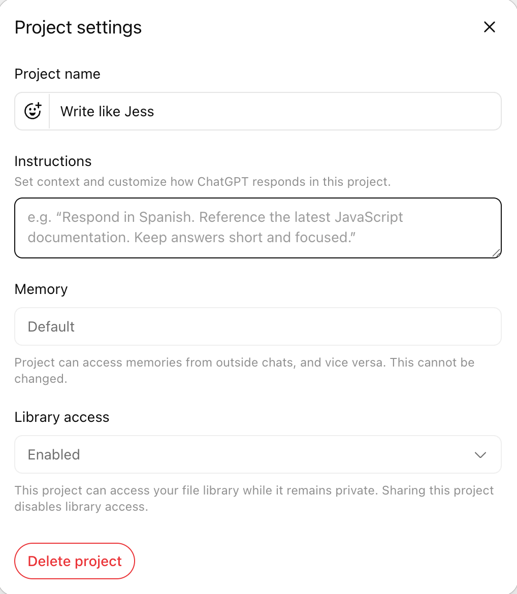 ChatGPT project settings window.