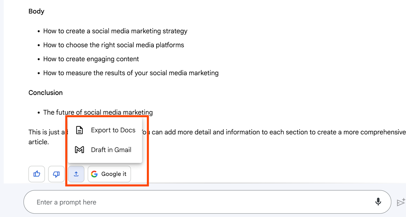 The option to Export to Docs or Draft in Gmail from Bard