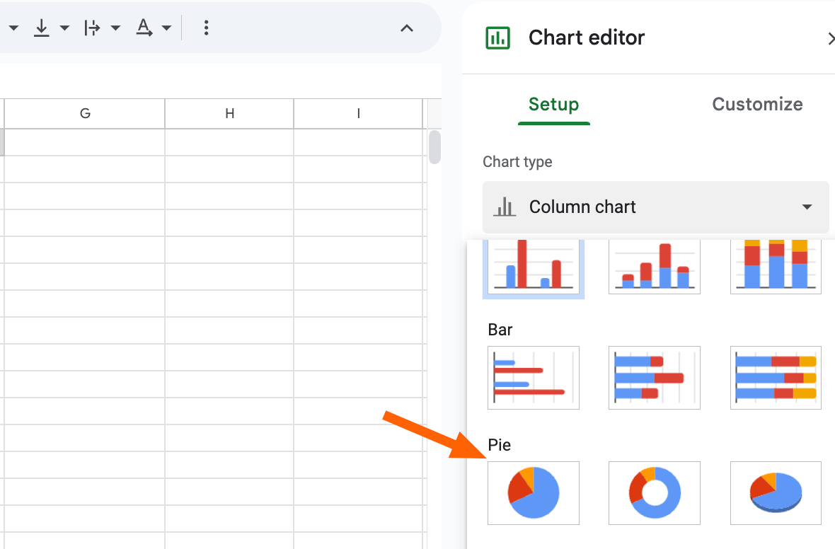 Screenshot showing pie chart options in Google Sheets