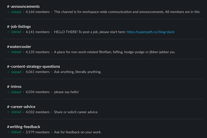 A screenshot of channels in Superpath