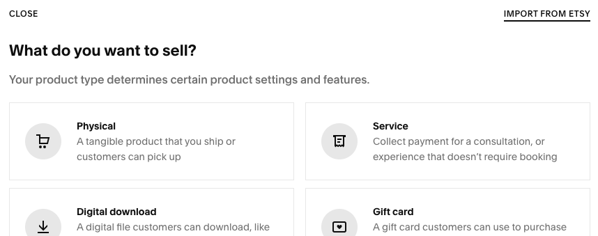 Screenshot of products you can add on Shopify.