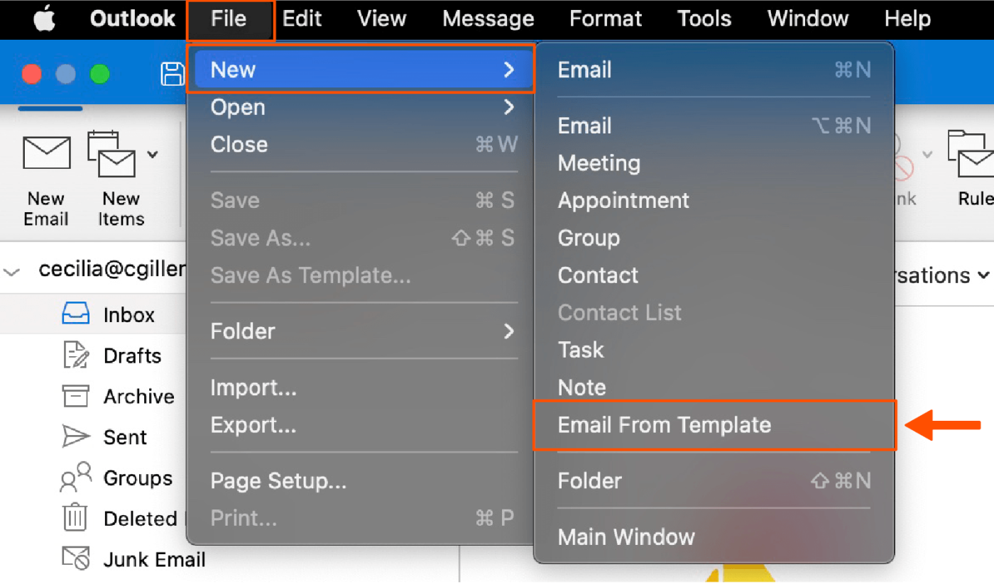 Screenshot showing how to open a template in Outlook.