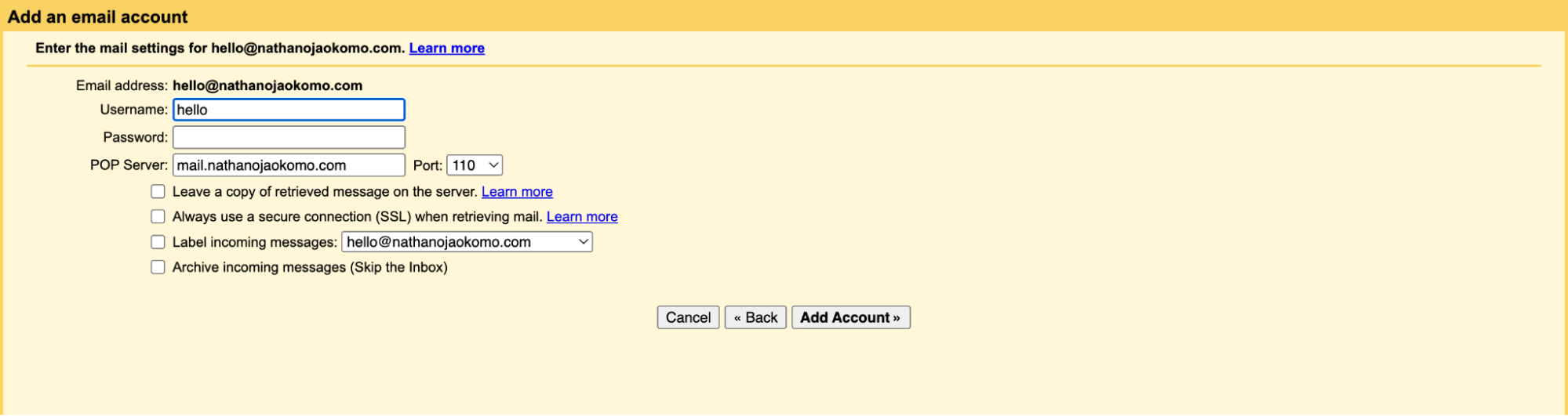Filling in the details from cPanel