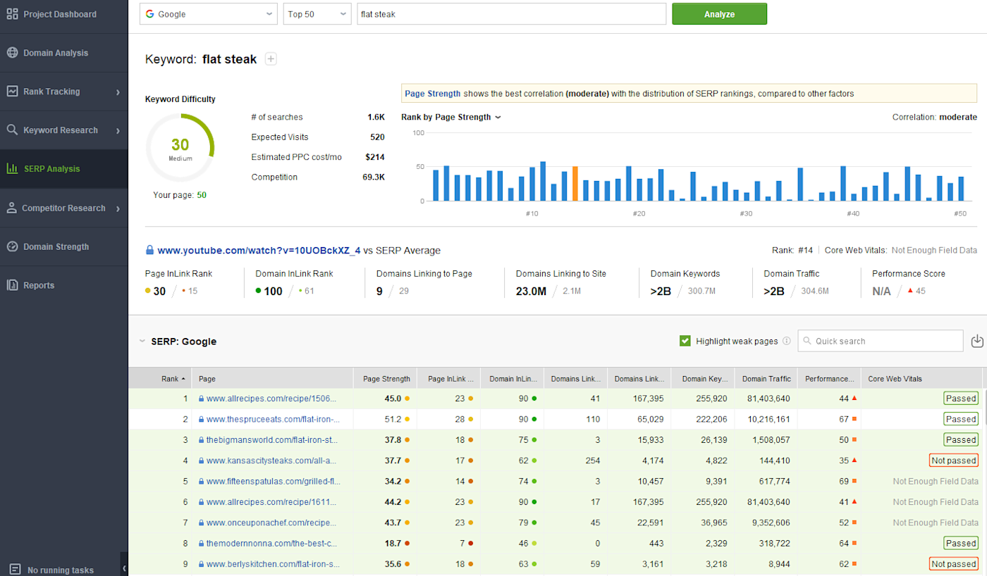 Rank Tracker's SERP analysis dashboard.