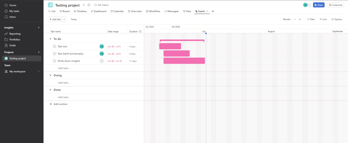 Screenshot displaying Asana’s Gantt functionality