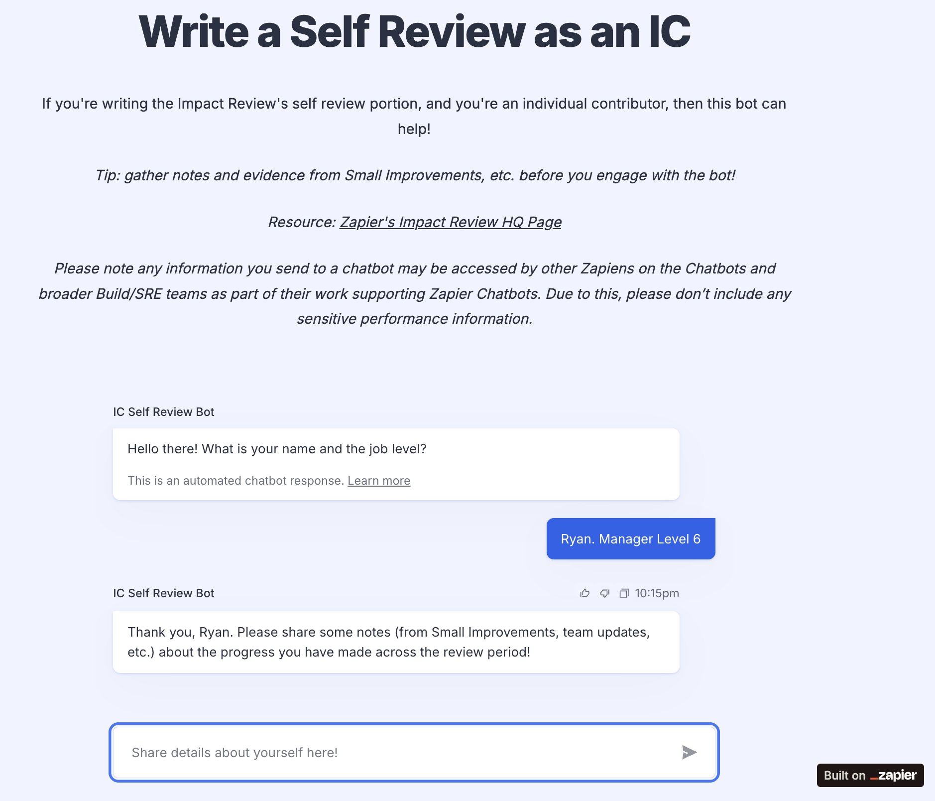 A self-review bot in Zapier Chatbots