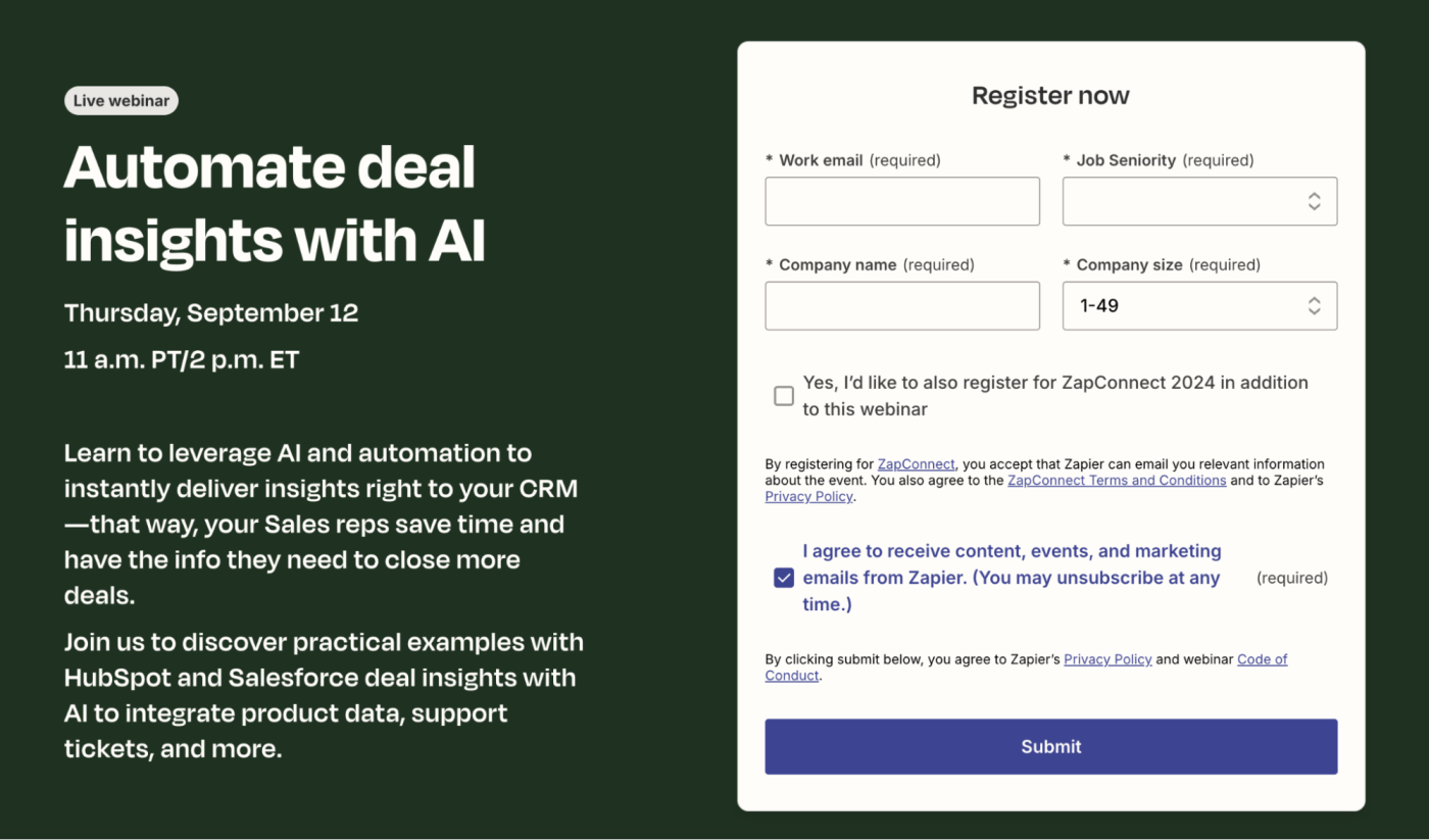 Webinar signup page from Zapier, a lead magnet example of webinar content.