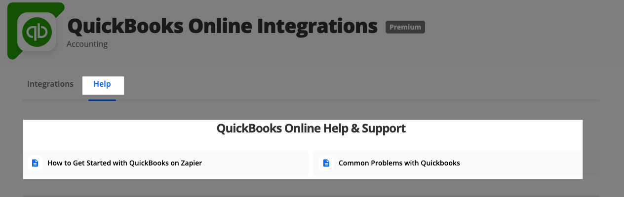 The Zapier integration page for QuickBooks Online. App-specific help docs are located in the Help tab for every app in Zapier's App Directory.