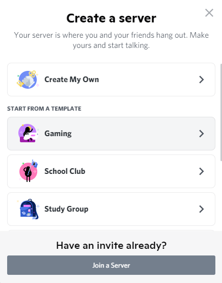 A screenshot showing the template selection process when creating a Discord server