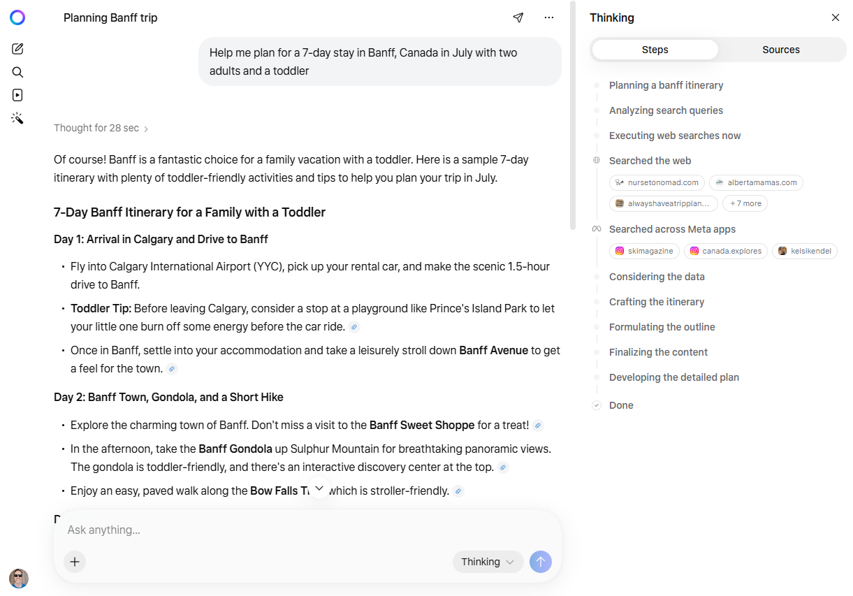 Meta AI thinking about a question and then answering