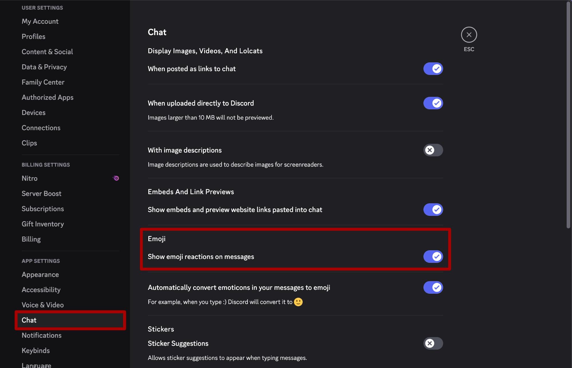 Discord chat settings with the toggle for show emoji reactions on messages switched on. 