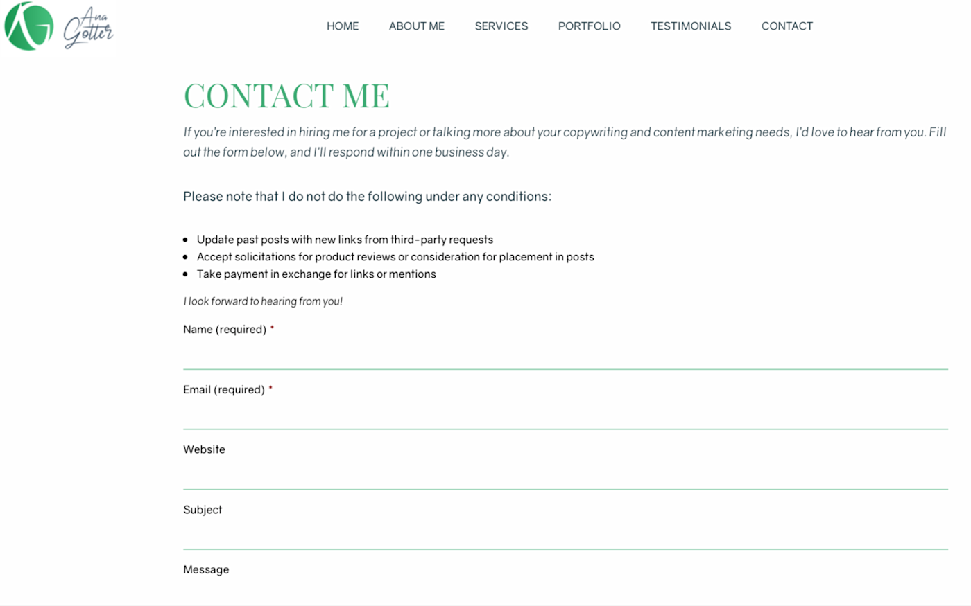 A screenshot of the contact form on Ana's website