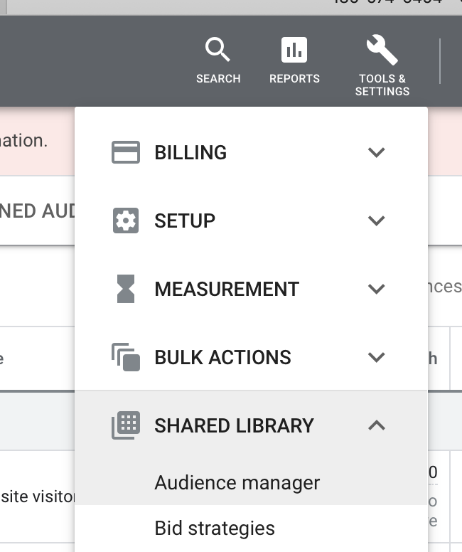 A screenshot of Google Ads' menu system, showing the "shared library" and "audience manager" portions highlighted.